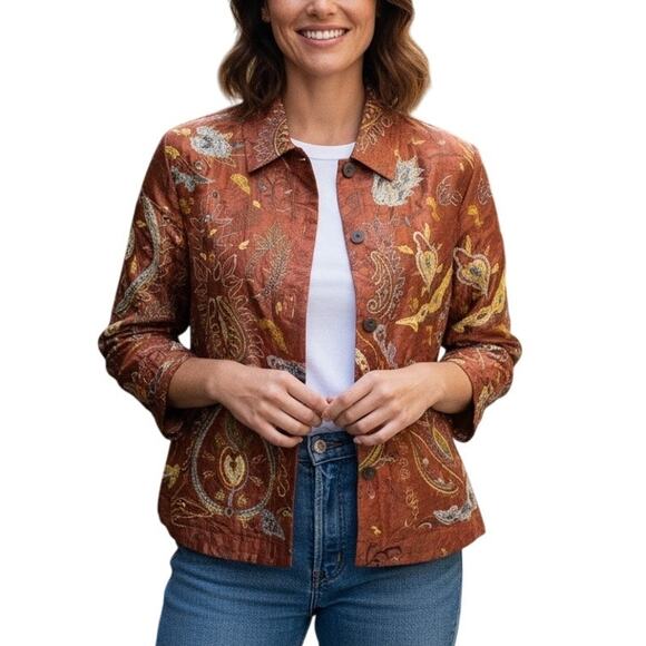 Chicos 100 % Silk Embroidered Beaded Button Up Shirt Jacket Womens 1/Small - Picture 1 of 8